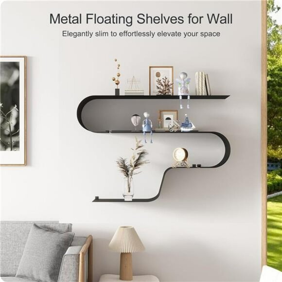 Black Metal Floating Shelves Set of 3 Wall Mounted Shelf for Home Decor - Picture 5 of 8
